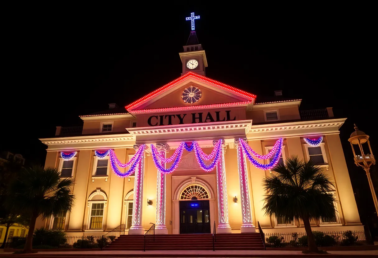 Savannah City Hall illuminated in red, white, and blue lights for Labor Day