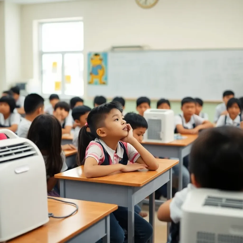 Students in a classroom with portable air conditioners in use due to high temperatures.