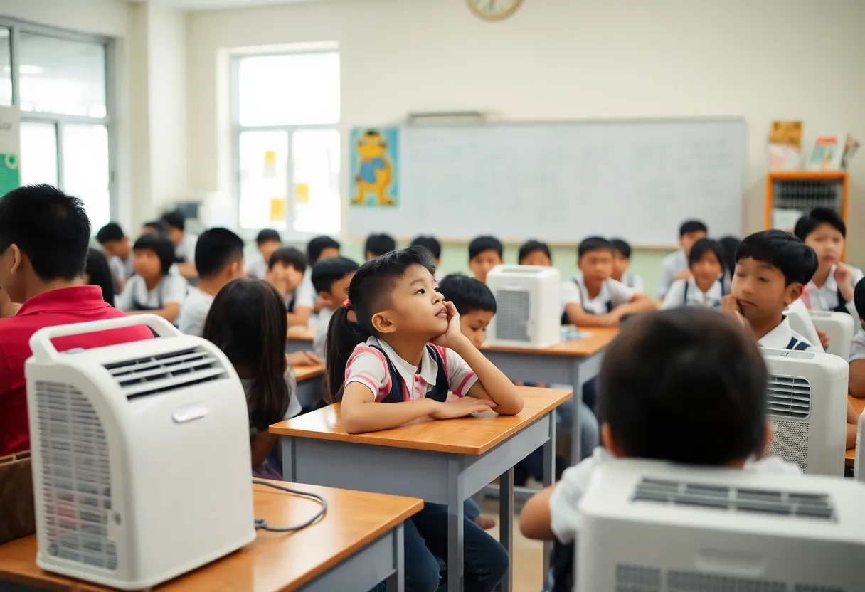 Students in a classroom with portable air conditioners in use due to high temperatures.