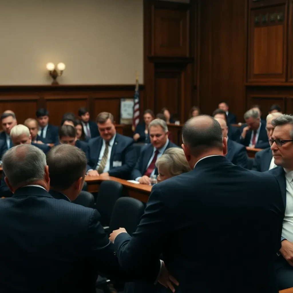 Courtroom scene representing a high-profile murder trial