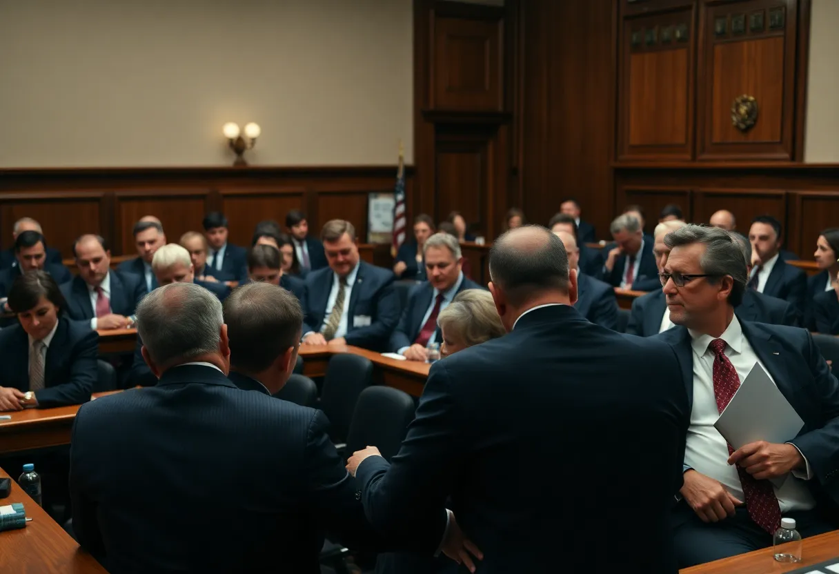 Courtroom scene representing a high-profile murder trial