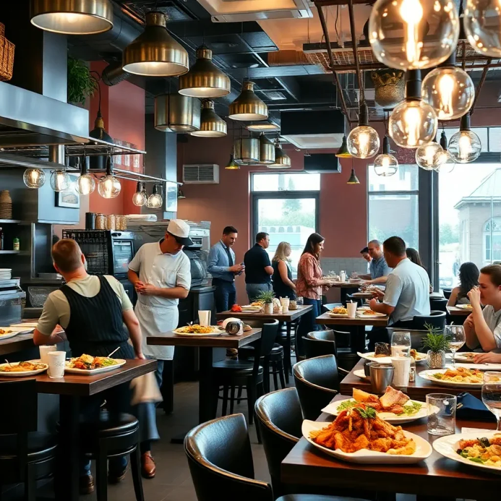 Diverse dishes being served in a busy Savannah restaurant