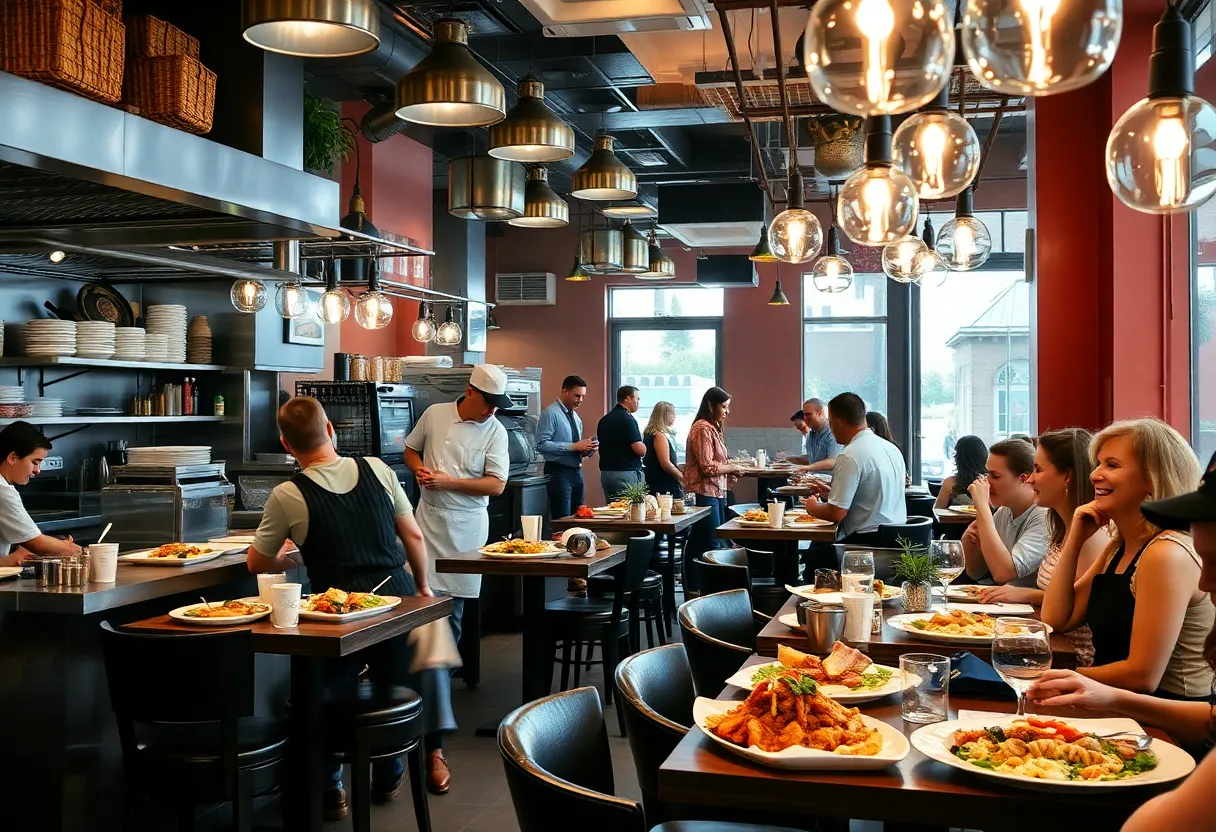 Diverse dishes being served in a busy Savannah restaurant