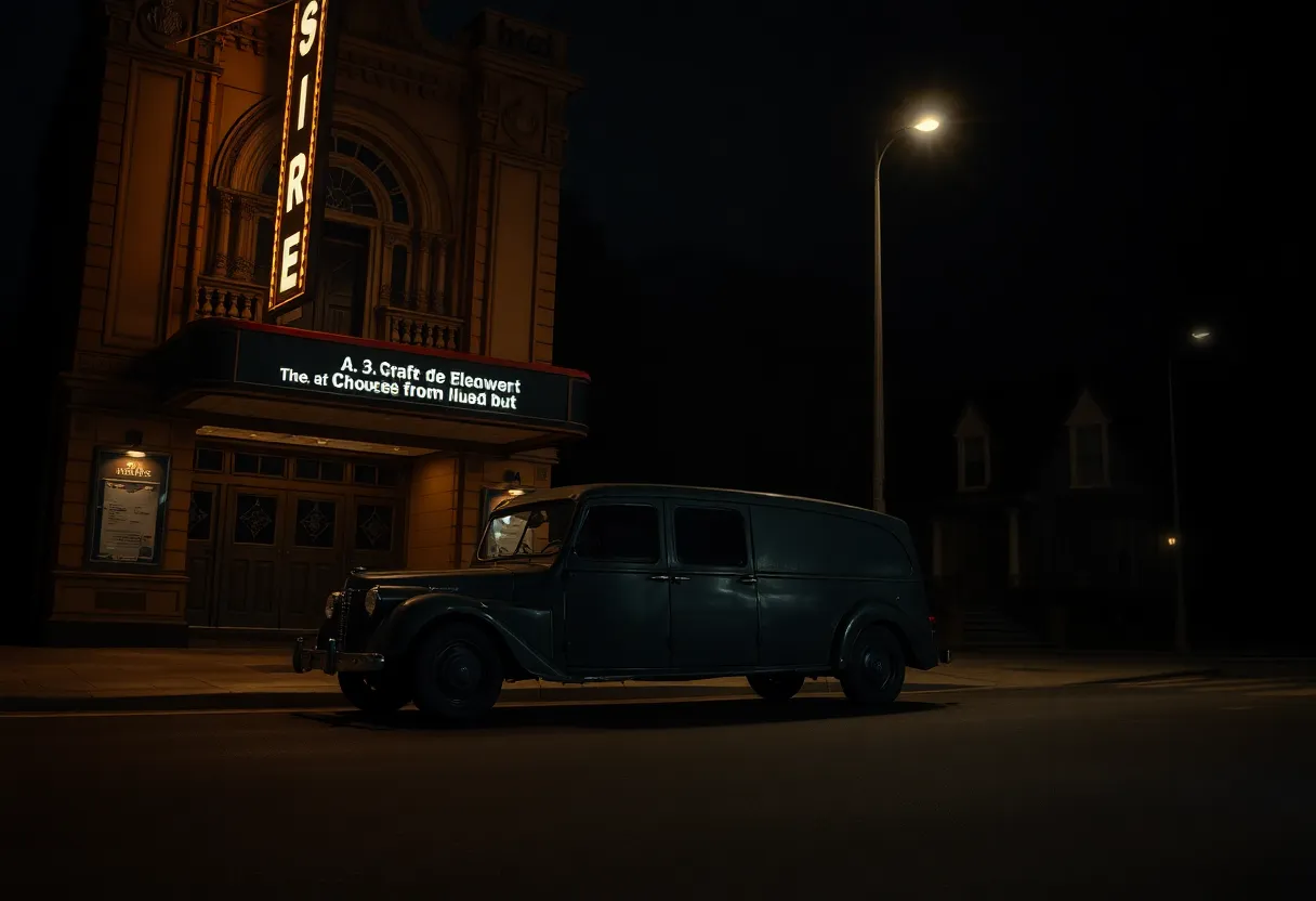 Night scene of a hearse on a Savannah street
