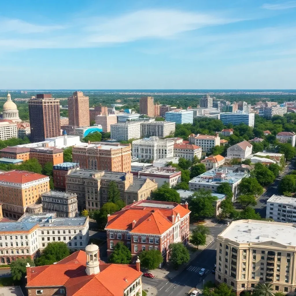 Aerial view of Savannah with historic buildings and hotels