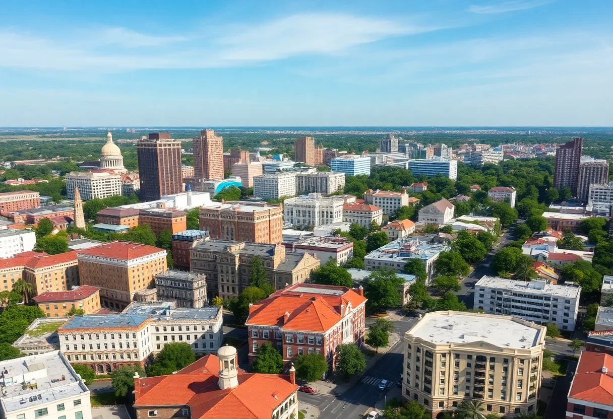 Aerial view of Savannah with historic buildings and hotels