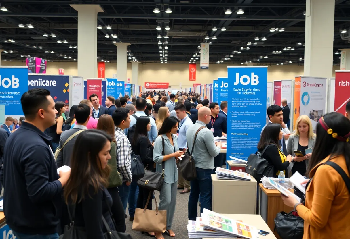 Scene from the Savannah Job Fair showing job seekers and local employers.