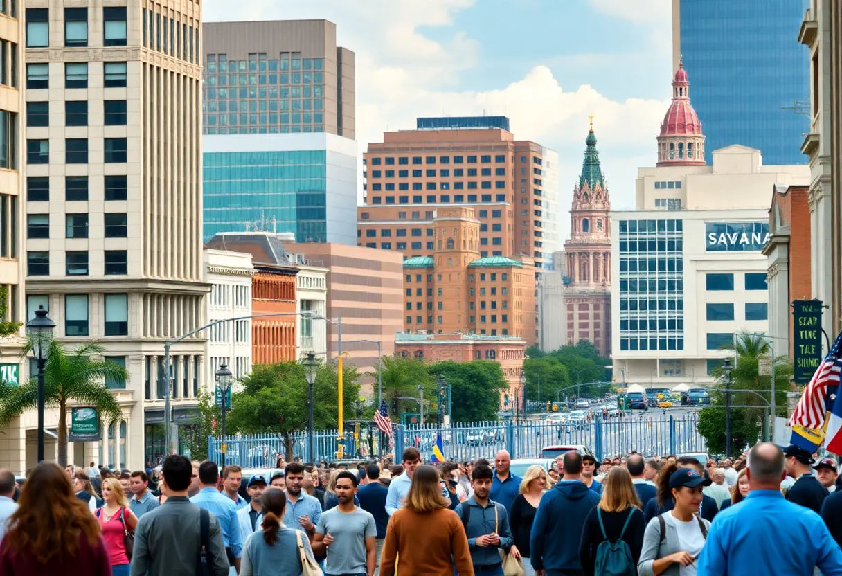 A vibrant scene depicting the Savannah job market with diverse professionals.