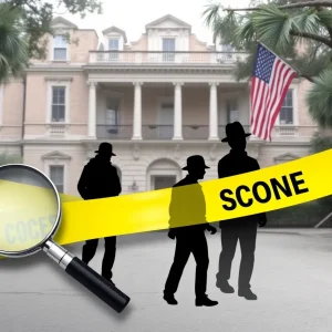Collage representing Savannah's Most Wanted fugitives with crime scene elements.