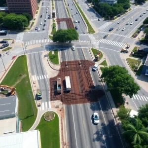 Aerial view of Derenne Avenue under renovation in Savannah