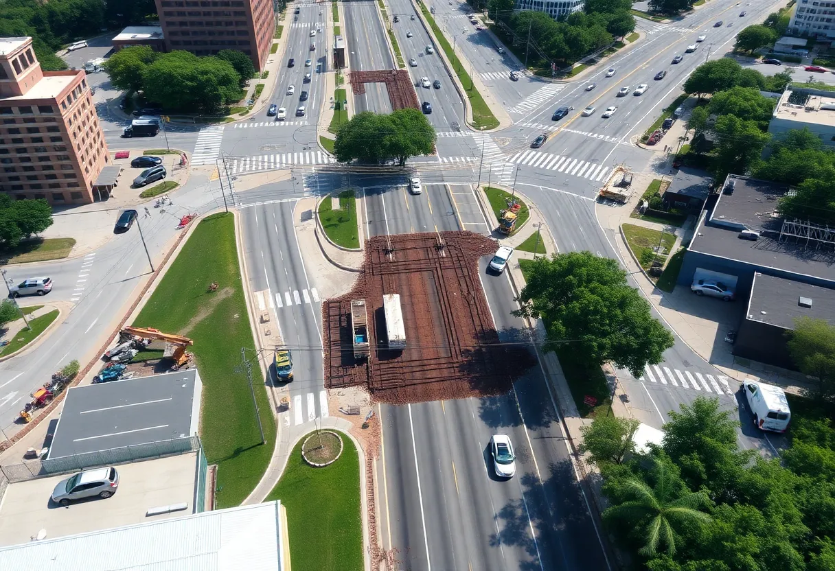 Aerial view of Derenne Avenue under renovation in Savannah