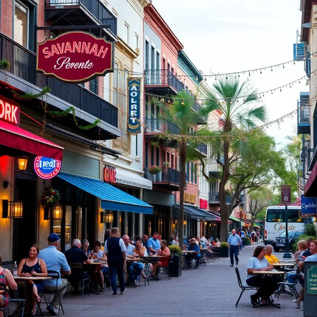 Outdoor dining scene in Savannah with restaurants and bars
