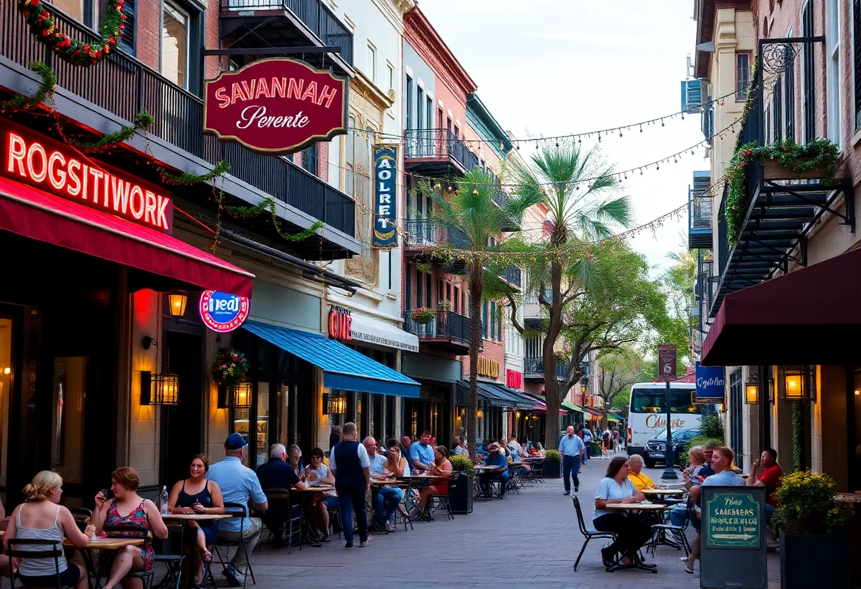 Outdoor dining scene in Savannah with restaurants and bars