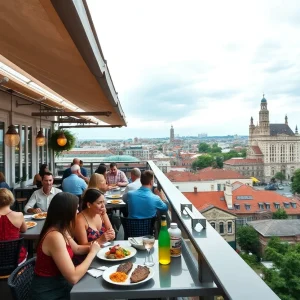 People dining on a rooftop restaurant in Savannah overlooking the skyline