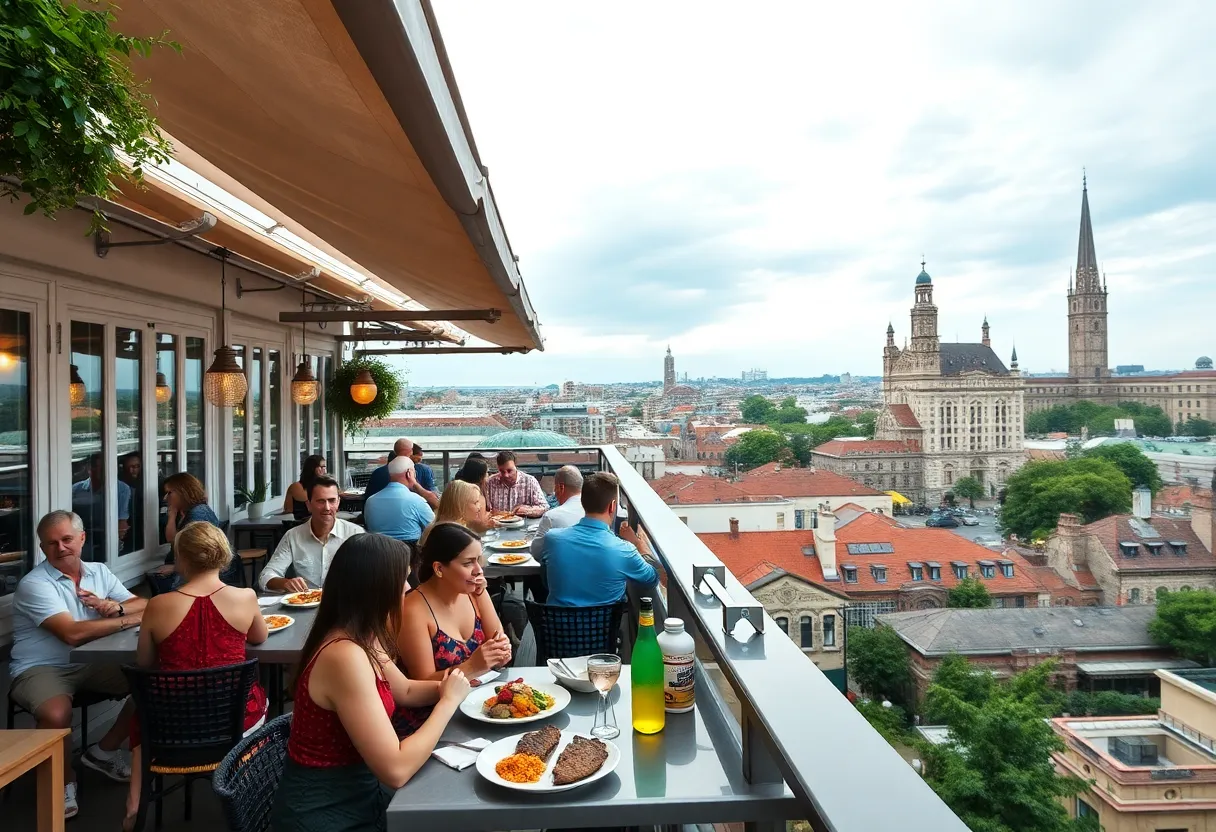 People dining on a rooftop restaurant in Savannah overlooking the skyline