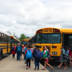 Students boarding buses at Savannah School Bus Depot on the first day of school