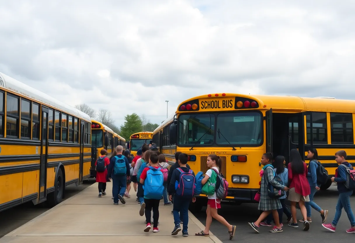 Students boarding buses at Savannah School Bus Depot on the first day of school