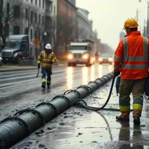 City crew handling sewage spills in Savannah during heavy rain.