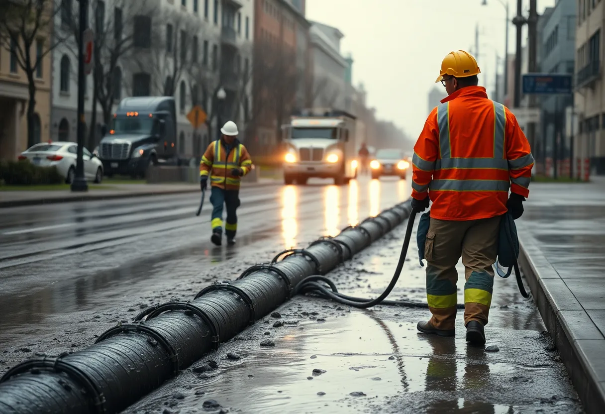 City crew handling sewage spills in Savannah during heavy rain.