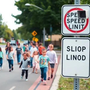 Students walking in a school zone with speed limit sign and speed camera