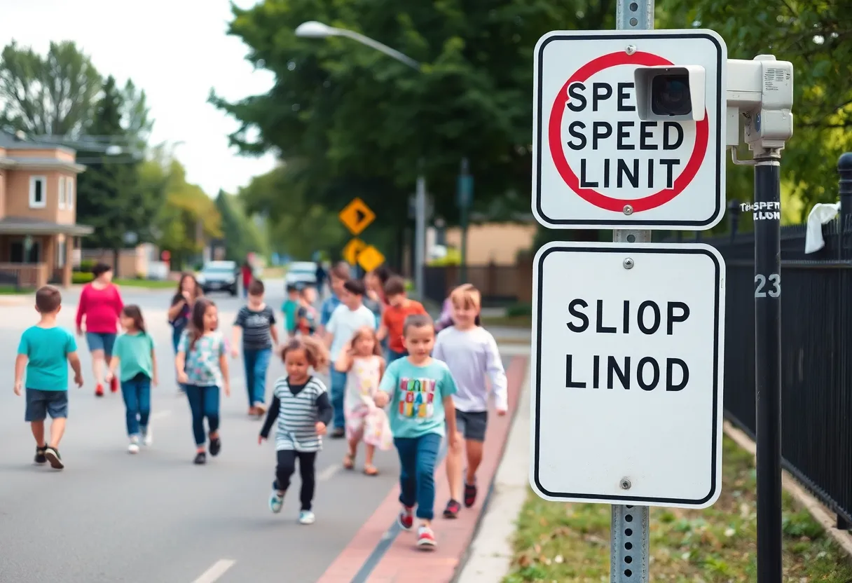 Students walking in a school zone with speed limit sign and speed camera
