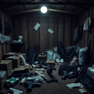 Seized firearms and drugs in a shed
