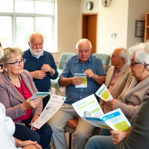 Group of senior citizens discussing healthcare options at a community center