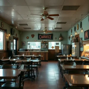 Interior view of Shane's Rib Shack showing empty tables.