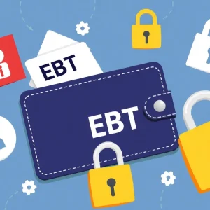 Illustration depicting SNAP fraud with EBT card and cybercrime symbols