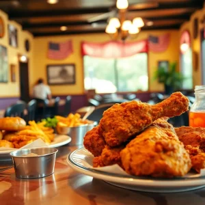 Table full of fried chicken and Southern side dishes in a restaurant