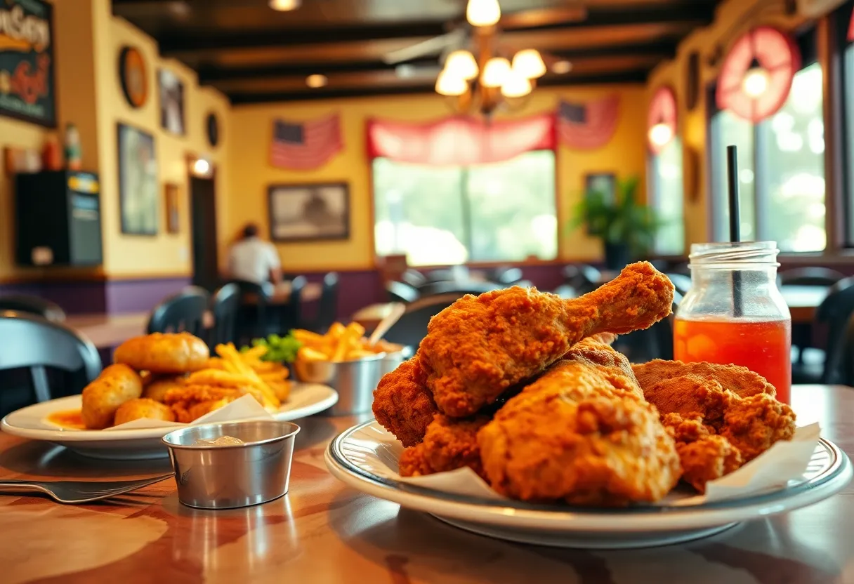 Table full of fried chicken and Southern side dishes in a restaurant