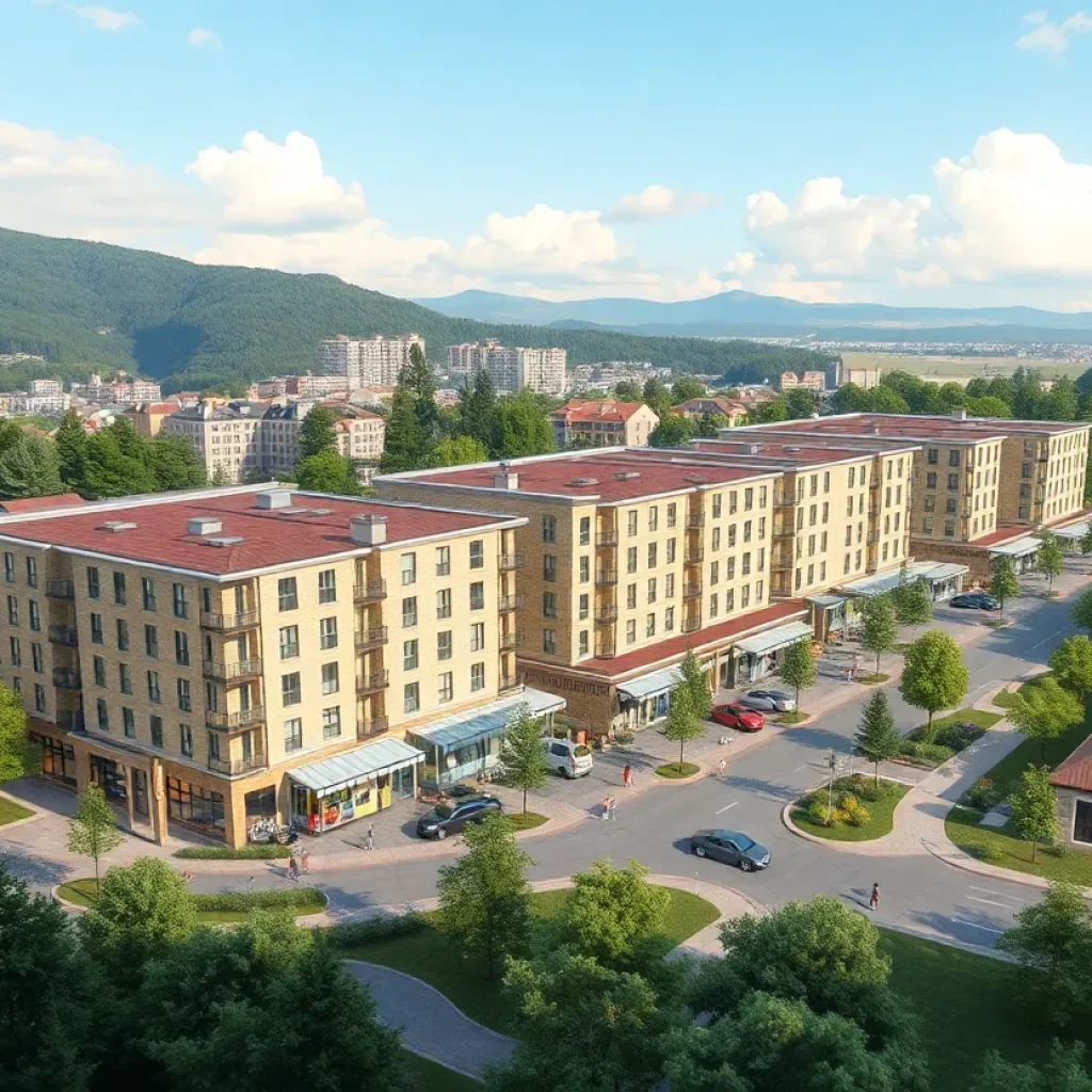 A vibrant mixed-use community development featuring housing and retail