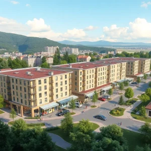 A vibrant mixed-use community development featuring housing and retail