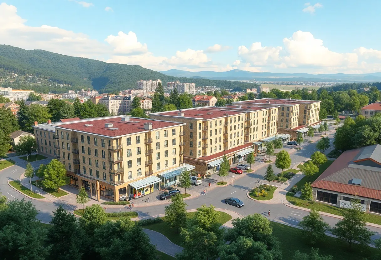 A vibrant mixed-use community development featuring housing and retail