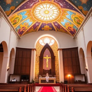 Bright and inviting sanctuary of St. James the Less Catholic Church after renovations