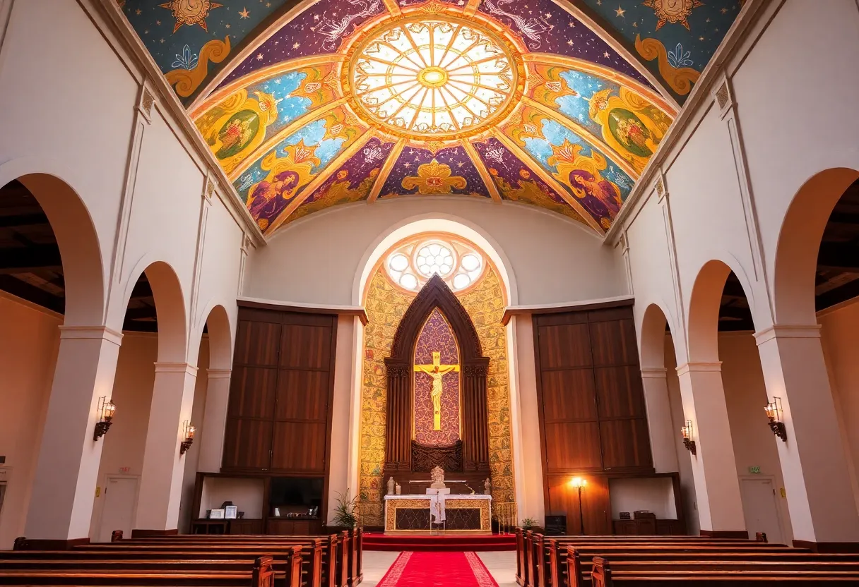 Bright and inviting sanctuary of St. James the Less Catholic Church after renovations