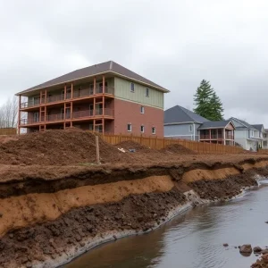 Construction site with visible stormwater runoff affecting nearby properties.