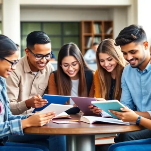 Group of students discussing college coursework together