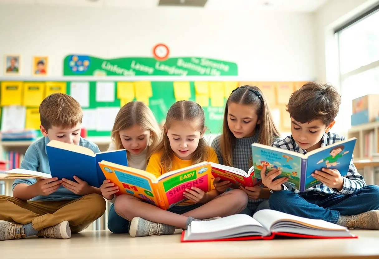 Students participating in reading and literacy activities in a classroom.