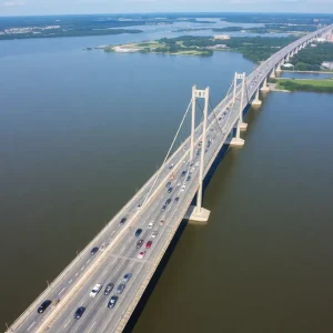 Talmadge Memorial Bridge with cars in motion on a sunny day.