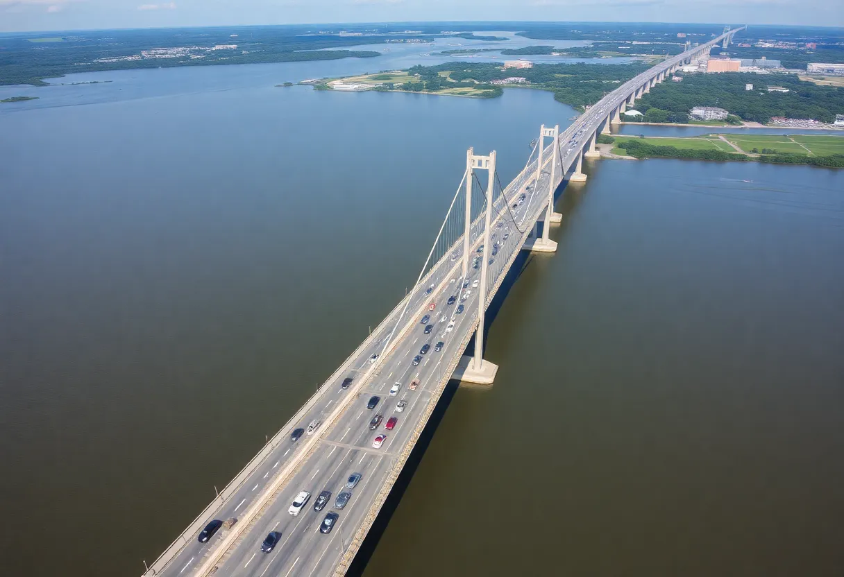 Talmadge Memorial Bridge with cars in motion on a sunny day.