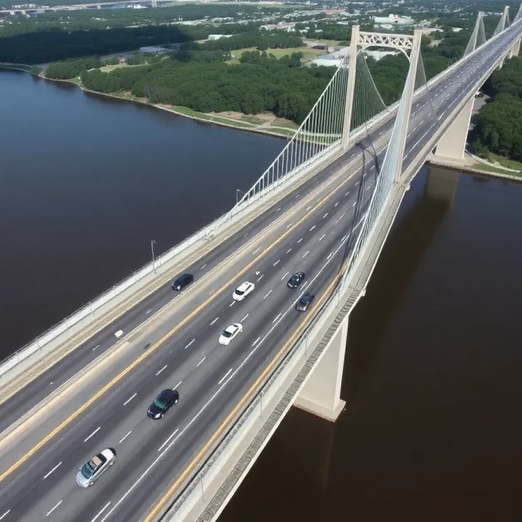 Aerial view of the Talmadge Memorial Bridge with traffic.