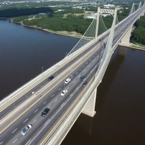 Aerial view of the Talmadge Memorial Bridge with traffic.