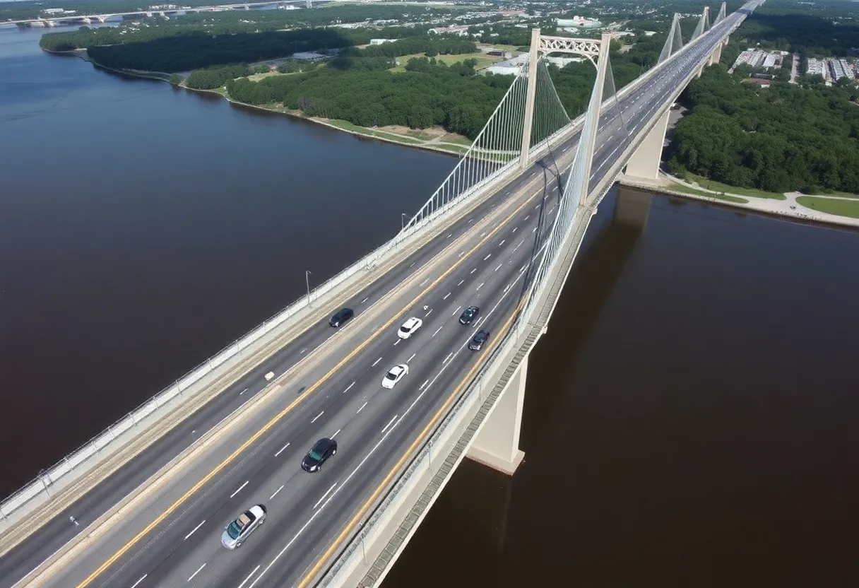 Aerial view of the Talmadge Memorial Bridge with traffic.