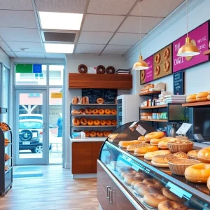 Interior of The Bagel Hole franchise showcasing colorful bagels