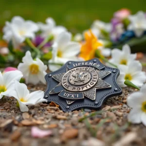 Police badge and flowers tribute