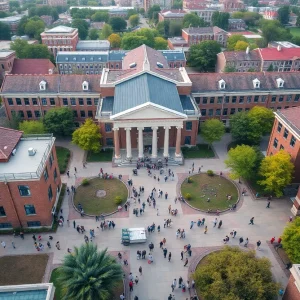 Aerial view of a university campus filled with students and activities.