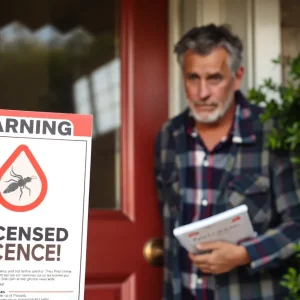 Homeowner considering pest control flyer with warning signs