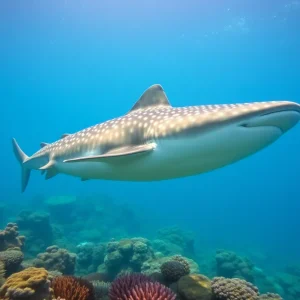 Whale shark swimming in clear blue ocean surrounded by coral reefs.