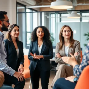A diverse group of professionals in an office discussing gender equality.